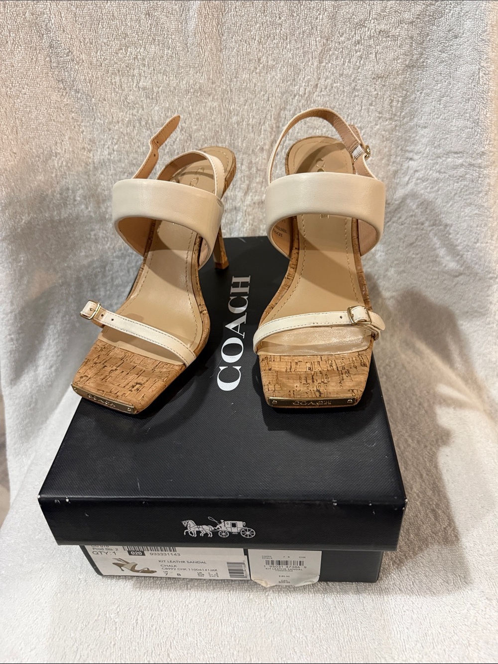 COACH 7B beige/chalk Leather buckle  Cork Block Heel Sandals